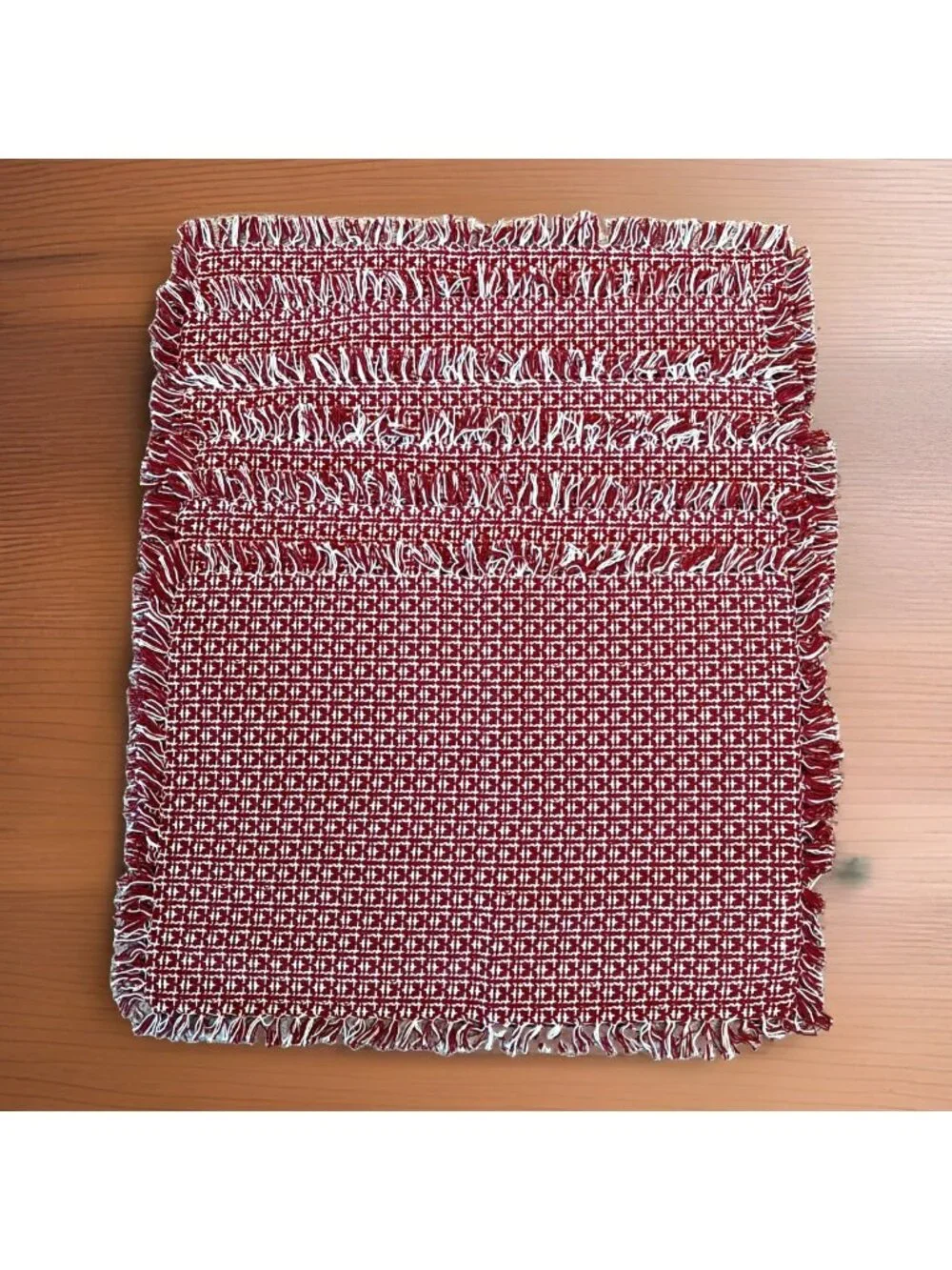 6 Woven Cotton Placemats Cottage Farmhouse Country Fringed Red & White 21 X 15